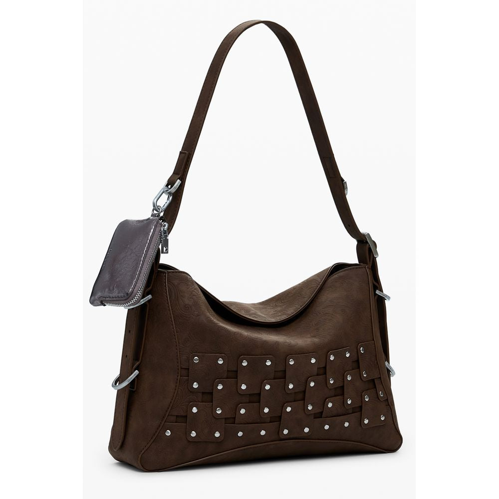 Desigual Brown Polyethylene Women Handbag with removable shoulder handle and coin purse featuring contrasting details and magnetic closure.