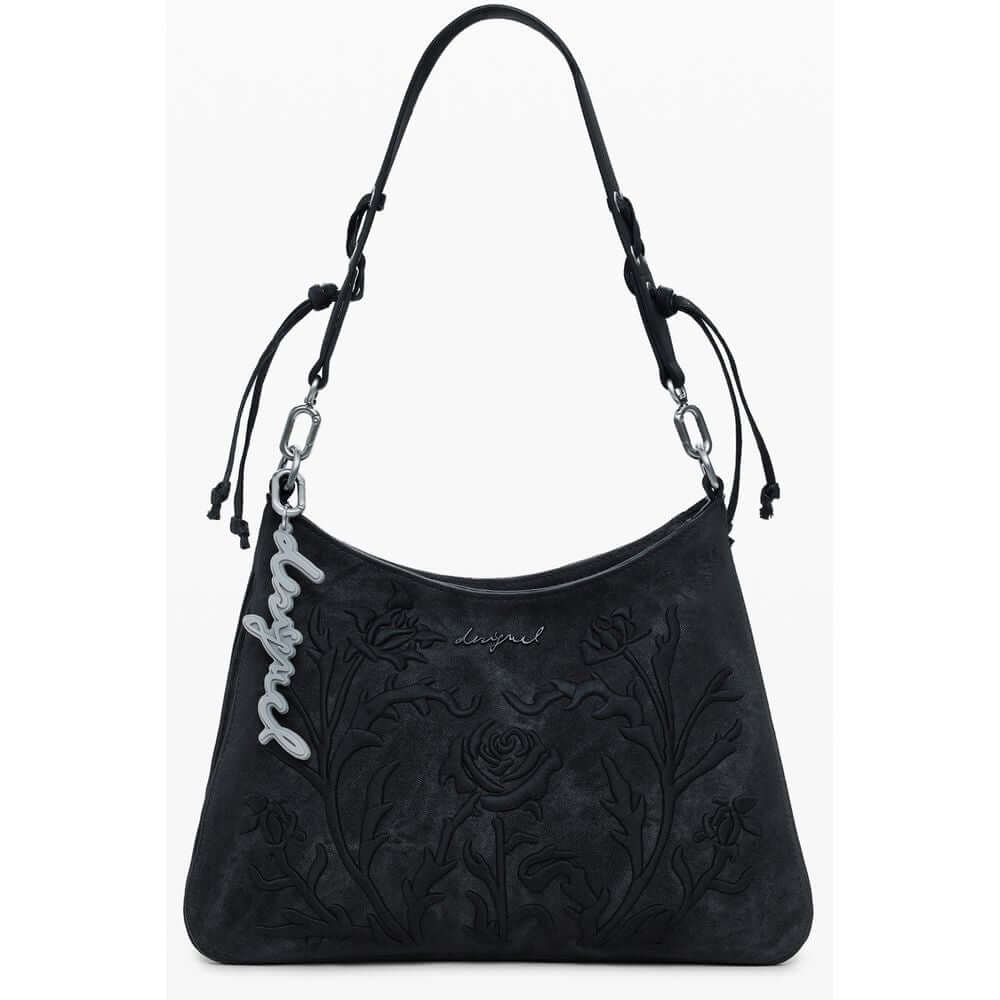 Desigual Black Polyethylene Women Handbag with floral embroidery, featuring removable shoulder handle and adjustable strap.