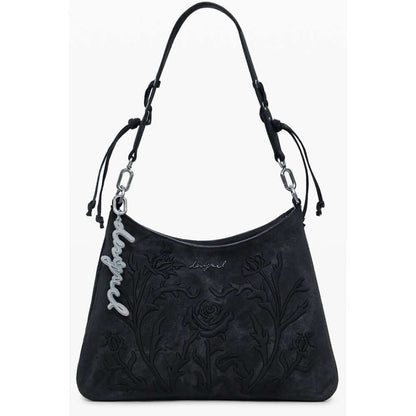 Desigual Black Polyethylene Women Handbag with floral embroidery, featuring removable shoulder handle and adjustable strap.