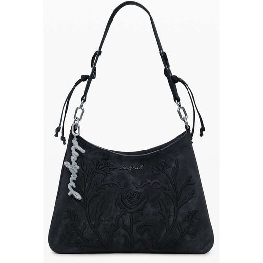 Desigual Black Polyethylene Women Handbag with floral embroidery and adjustable strap.