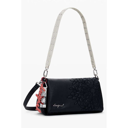 Desigual Black Polyethylene Women Handbag with embroidery and versatile straps, showcasing a blend of artful design and functionality.