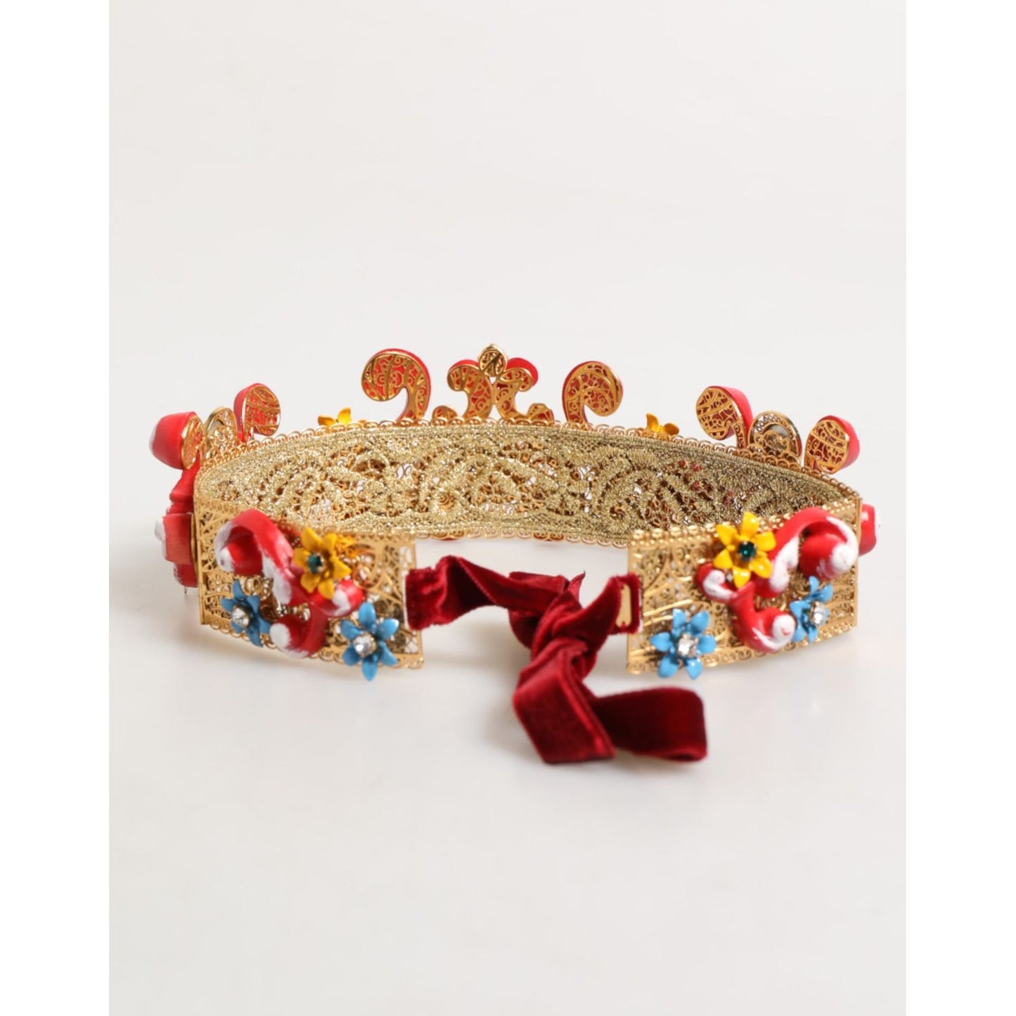 Dolce & Gabbana Red Carretto Multicolor Crystal Gold Tiara Crow Headband