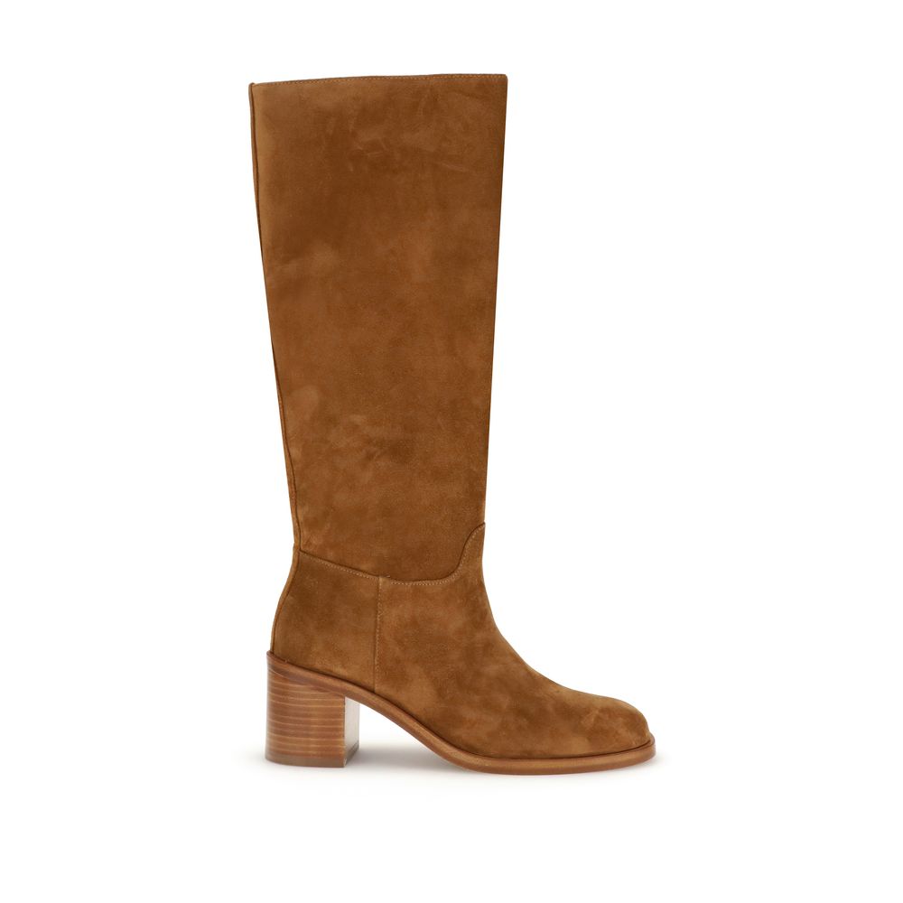 Stuart Weitzman Brown Calf Leather Bos Taurus High Heel Boots with knee-high silhouette and round toe design.