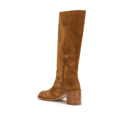 Stuart Weitzman Brown Calf Leather Bos Taurus High Heel Boots - suede knee-high design with round toe and block heel.