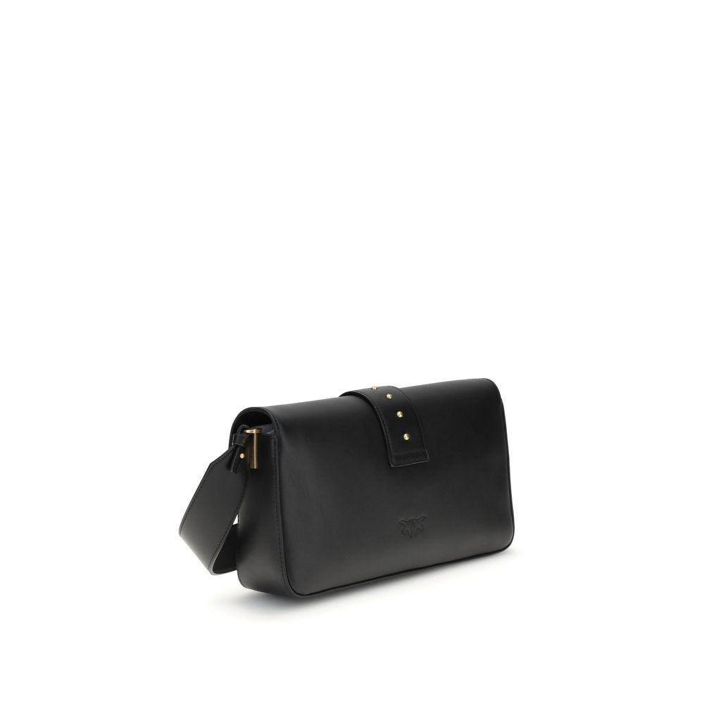 PINKO Love One Bag in smooth black leather with Love Birds buckle, removable straps, and magnetic closure, 27x27x7 cm, AW25 season.