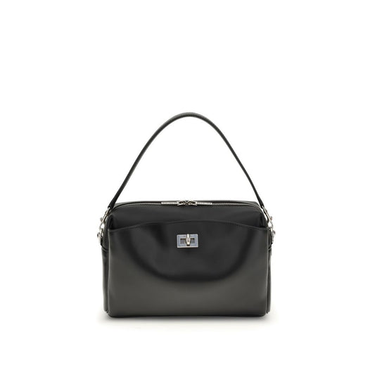 Front view of Balenciaga Black Calf Leather Bos Taurus Shoulder Bag with silver-tone hardware.