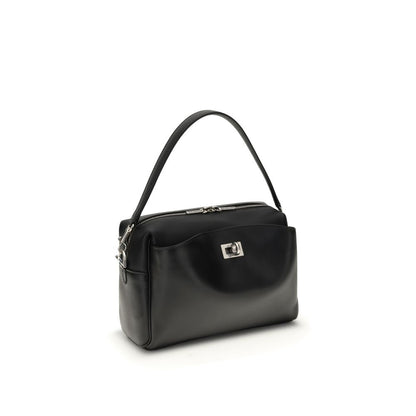 Balenciaga Black Calf Leather Bos Taurus Shoulder Bag with silver-tone hardware, front pocket, and adjustable strap.