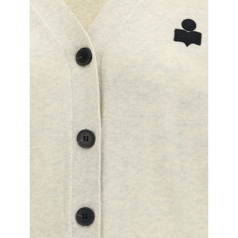 Close-up of Marant Etoile White Cotton Cardigan showing button details and logo, highlighting its V-neck and refined casual style.