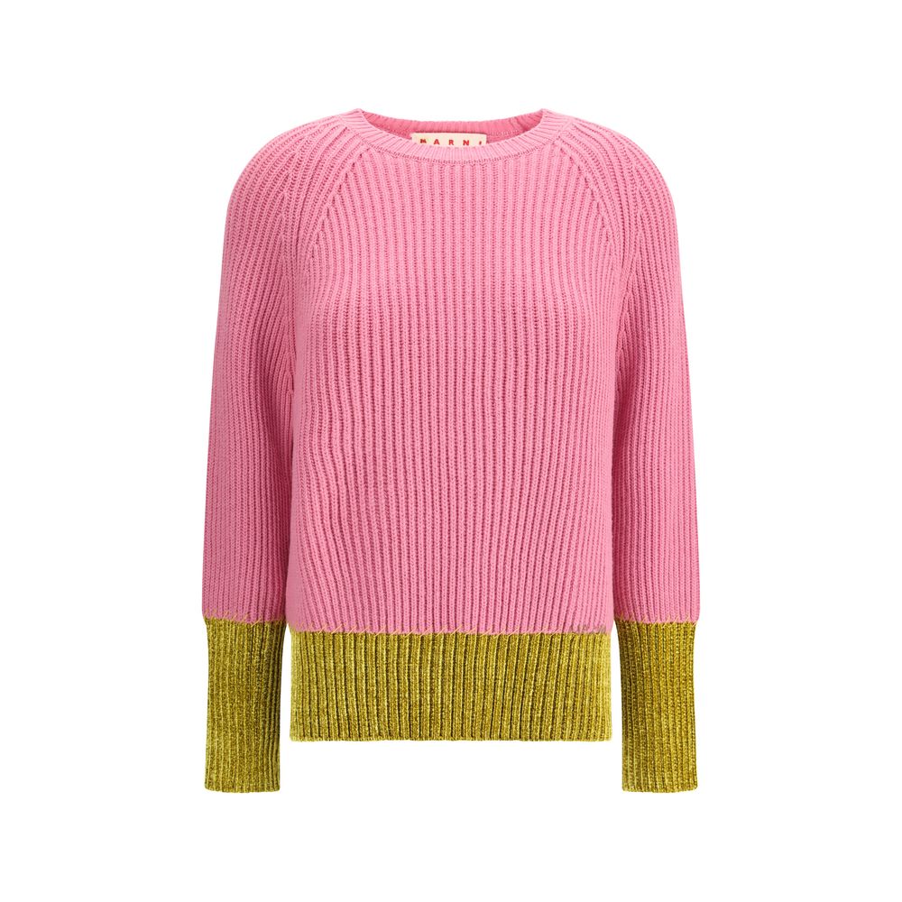 Marni Multicolor Fleece Wool Sweatshirt in pink and yellow with ribbed knit, hand-embroidered logo, and topstitching details, AW25 collection.