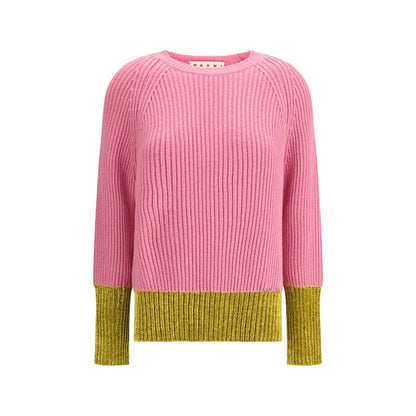 Marni Multicolor Fleece Wool Sweatshirt in pink and yellow with ribbed knit, hand-embroidered logo, and topstitching details, AW25 collection.