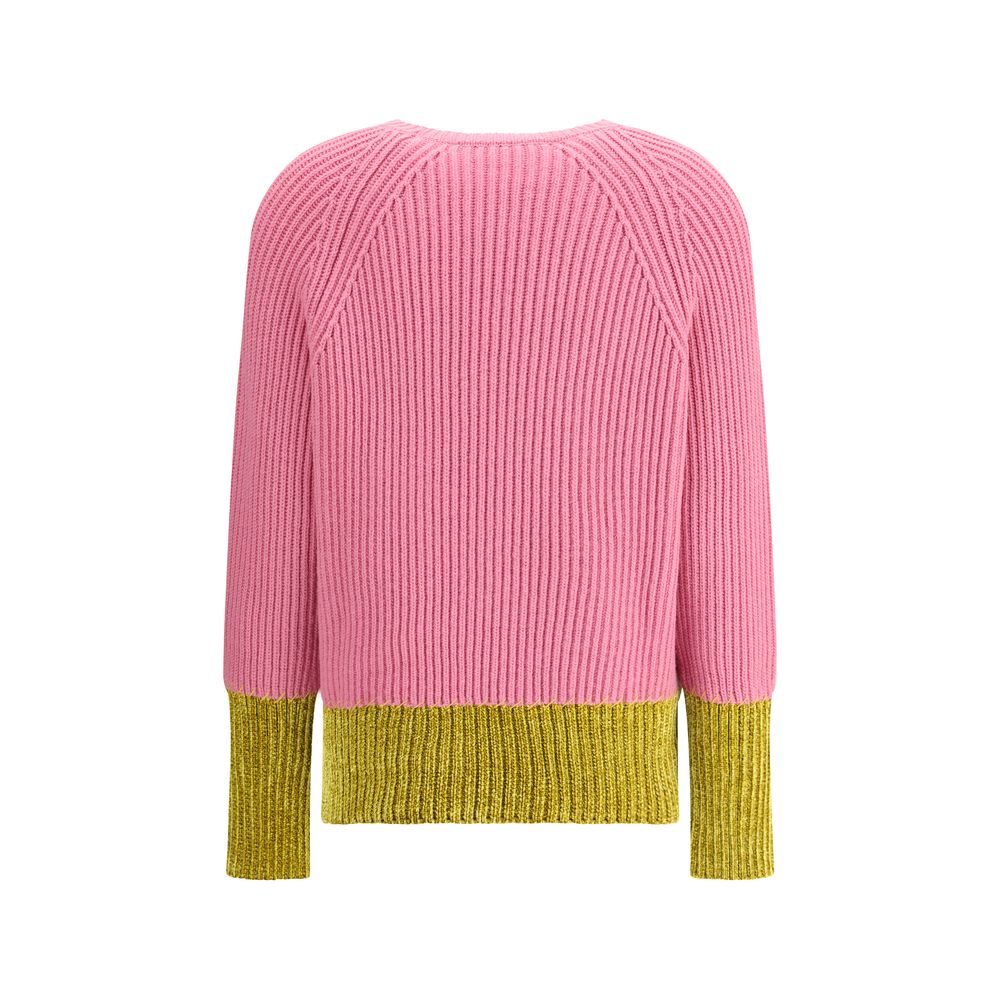 Rear view of Marni Multicolor Fleece Wool Sweatshirt showcasing pink and yellow color-block design with English rib knit.
