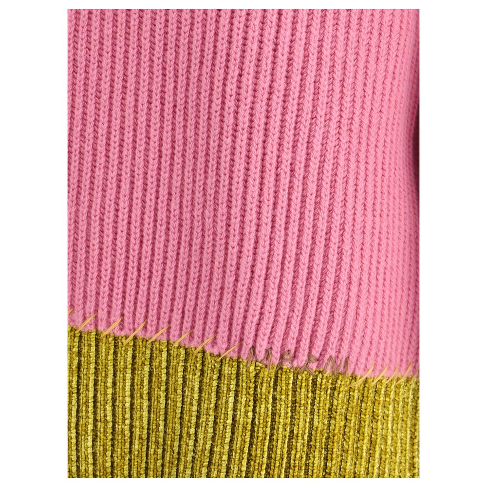 Close-up of pink and yellow English rib knit on Marni Multicolor Fleece Wool Sweatshirt, showcasing texture and color-block design.