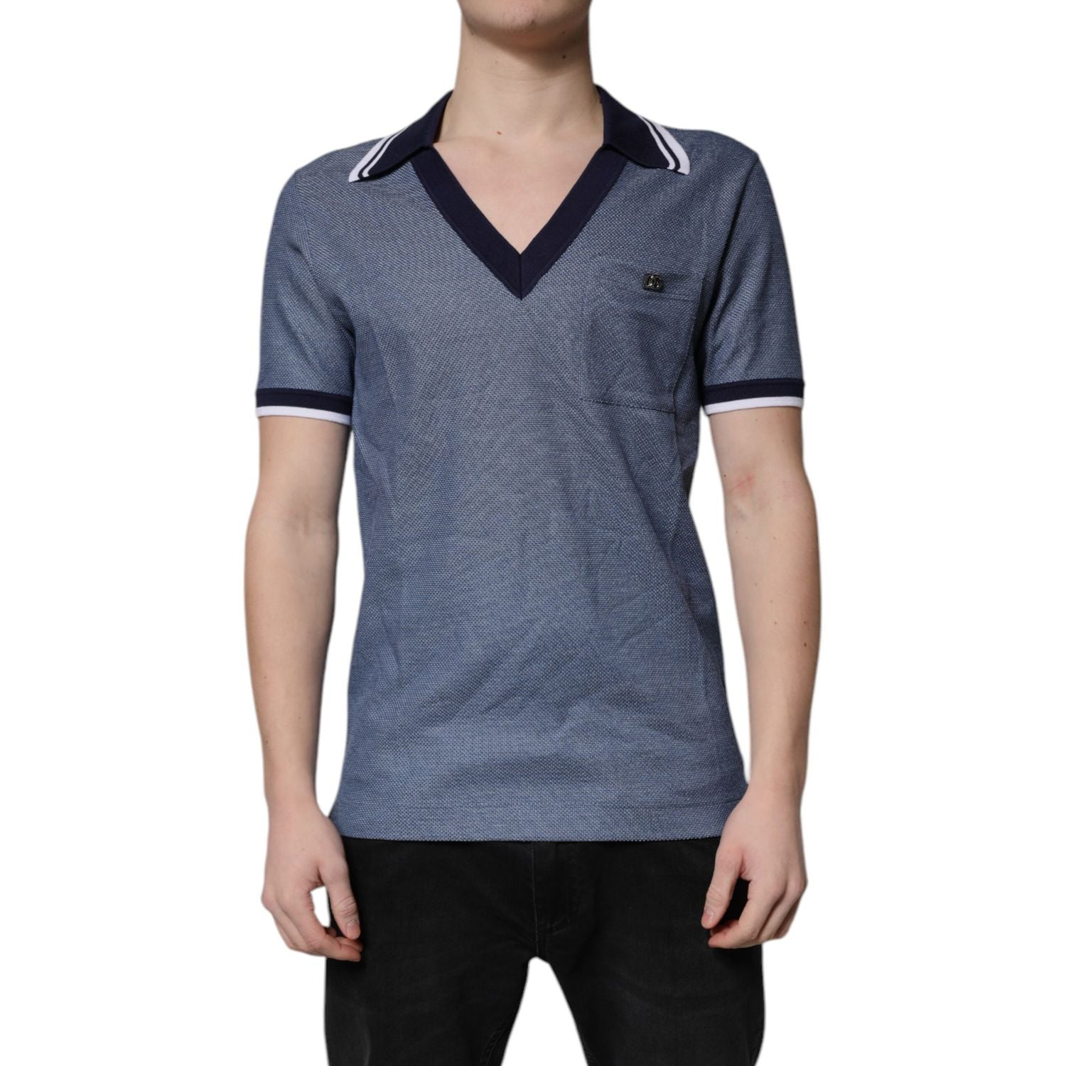 Dolce & Gabbana Blue Collared V-neck Silk Blend Polo T-shirt