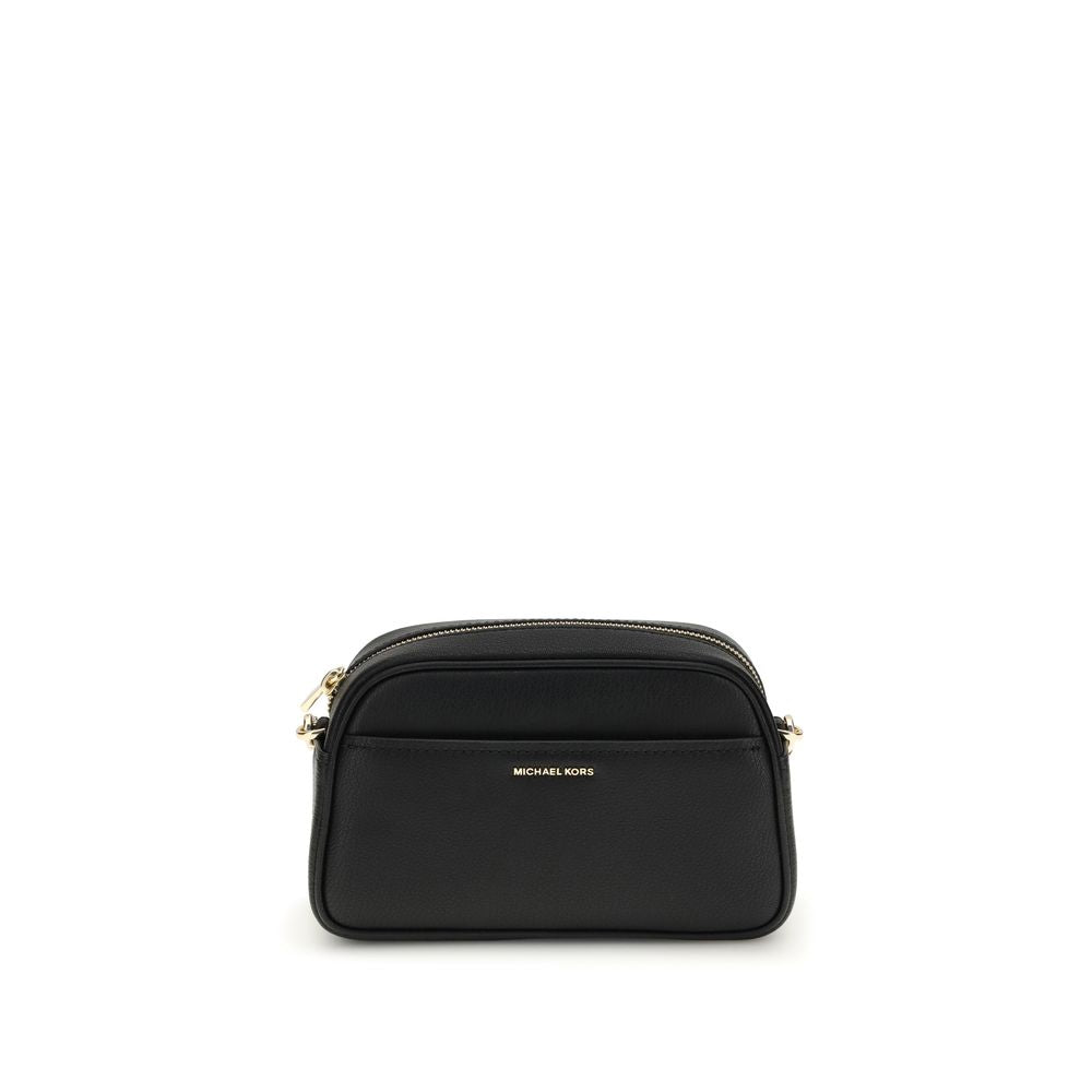 Michael Kors Black Calf Leather Bos Taurus Shoulder Bag with gold-tone accents and removable strap, featuring front pocket and zip closure.