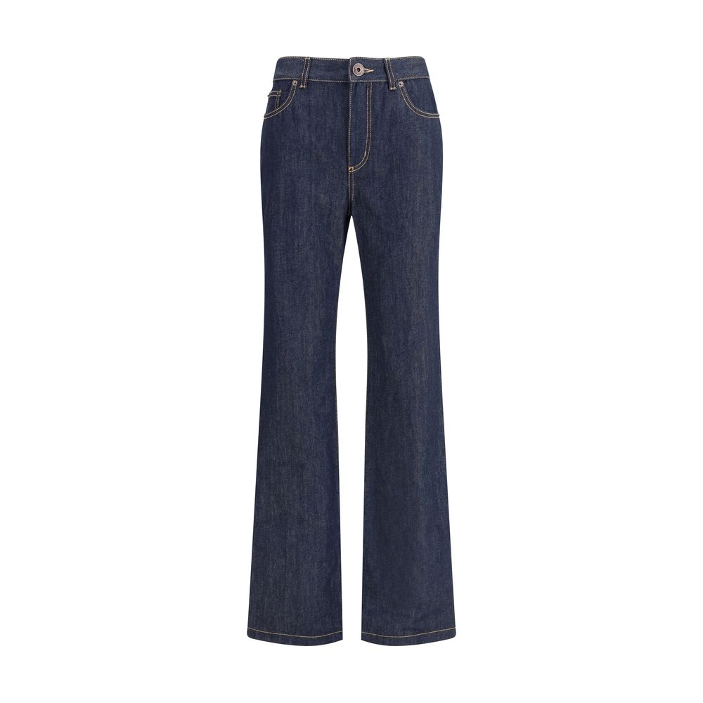 Alexander McQueen Blue Cotton Straight-Leg Jeans with contrast stitching, five-pocket design, and front zip closure.