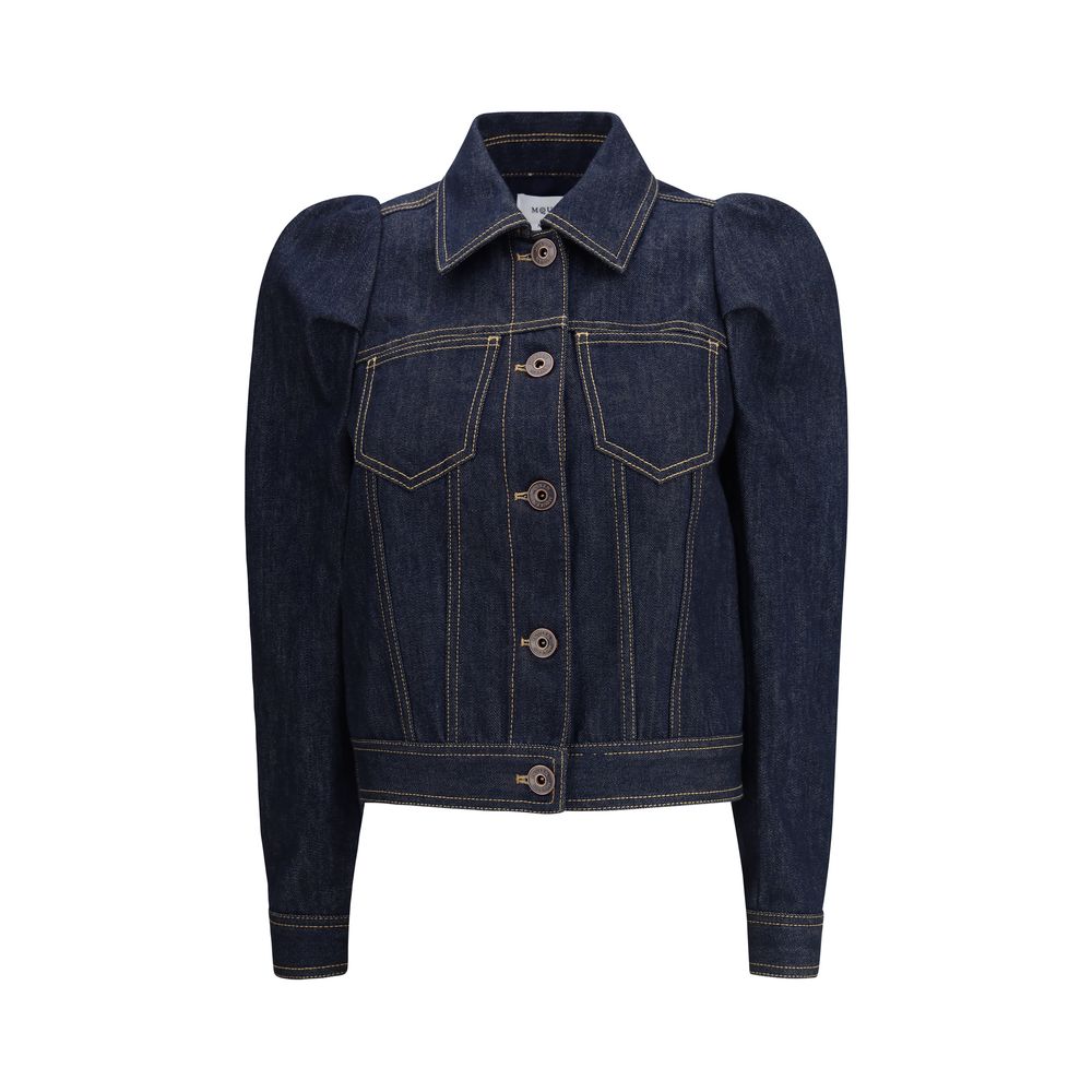 Alexander McQueen Blue Cotton Denim Jacket with pointed shoulders and contrast stitching, featuring a slim fit and Italian collar.