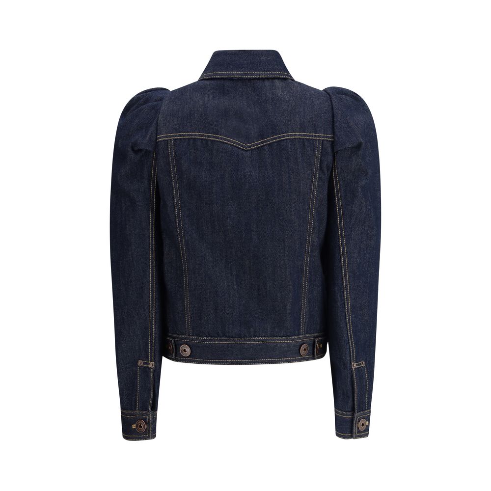 Back view of Alexander McQueen Blue Cotton Denim Jacket with pointed shoulders and contrast stitching, highlighting its structured design.