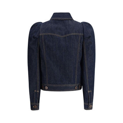 Back view of Alexander McQueen Blue Cotton Denim Jacket with pointed shoulders and contrast stitching, highlighting its structured design.