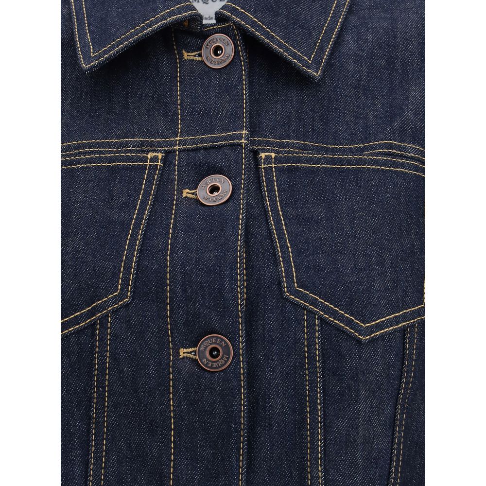 Close-up of Alexander McQueen Blue Cotton Denim Jacket with contrast stitching and button closure.