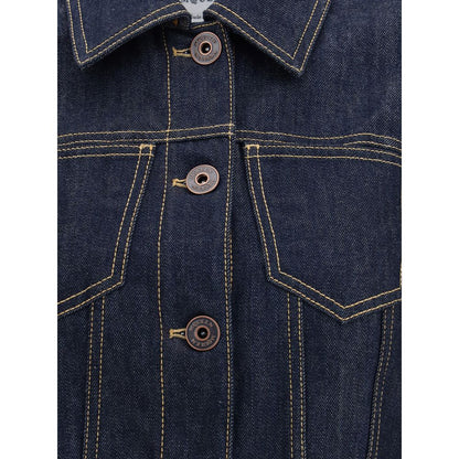 Close-up of Alexander McQueen Blue Cotton Denim Jacket with contrast stitching and button closure.