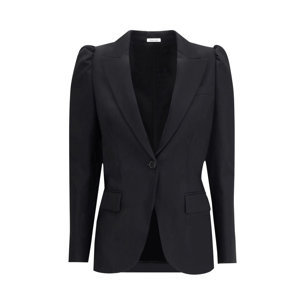 Alexander McQueen Black Wool Coat, single-breasted with traditional lapels and flap pockets, perfect for modern refined outfits.