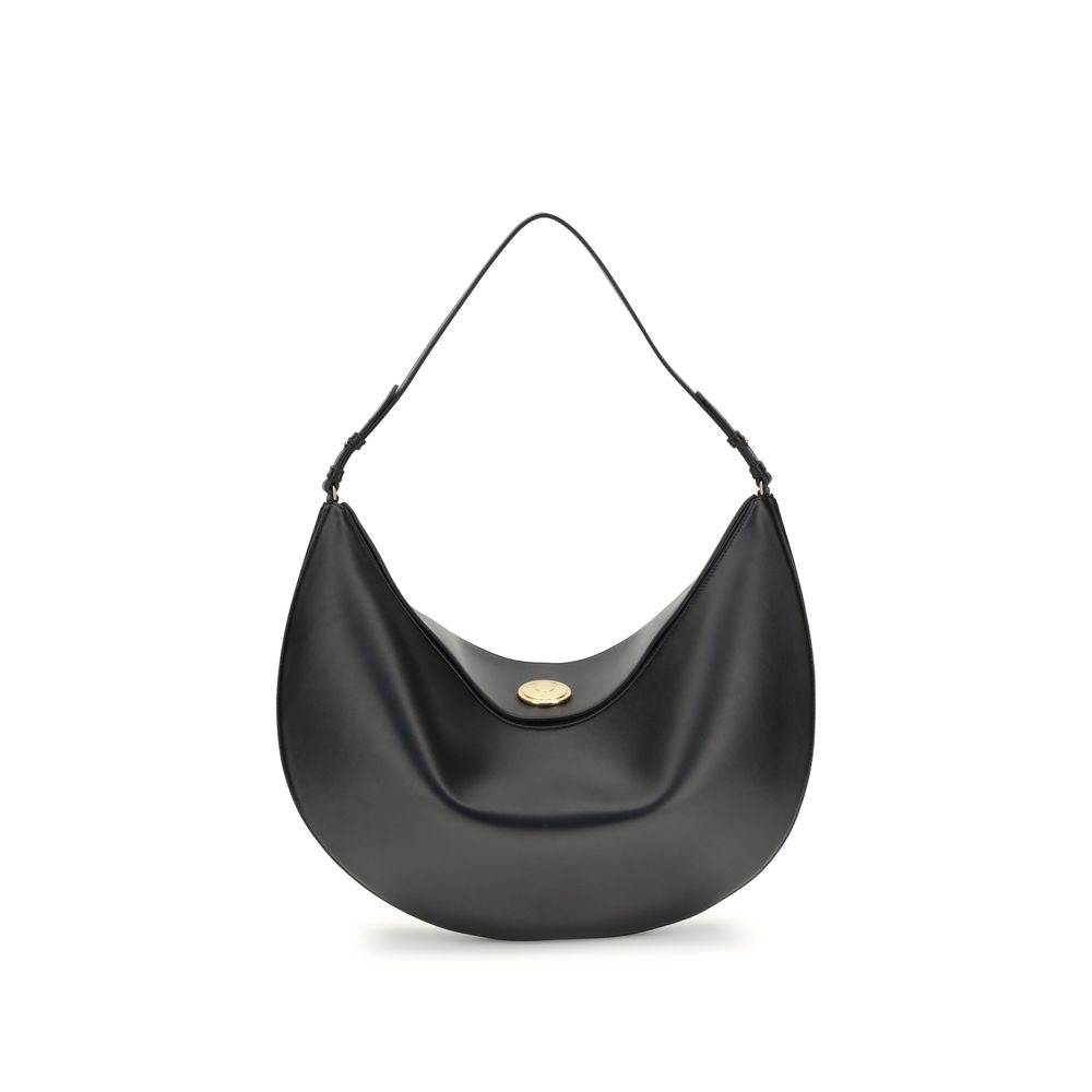 Jacquemus Black Calf Leather Bos Taurus Shoulder Bag with flap closure and engraved snap button, elegant oval design.