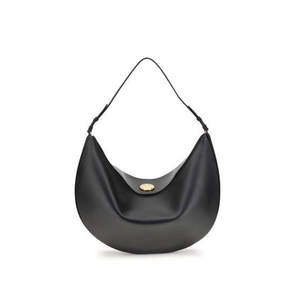 Jacquemus Black Calf Leather Bos Taurus Shoulder Bag with flap closure and engraved snap button, elegant oval design.