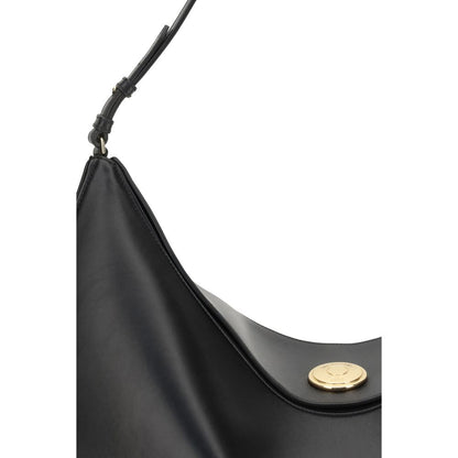 Close-up of Jacquemus Black Calf Leather Bos Taurus Shoulder Bag with engraved snap button and slim strap.