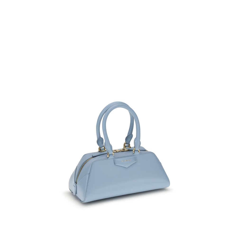 Givenchy Light Blue Calf Leather Bos Taurus Handbag with gold-finish metallic details, featuring adjustable shoulder strap and zipper closure.