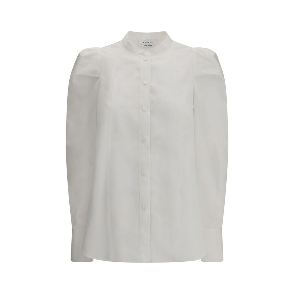Alexander McQueen White Cotton Dress Shirt with mandarin collar and ruffled shoulders from AW25 collection.