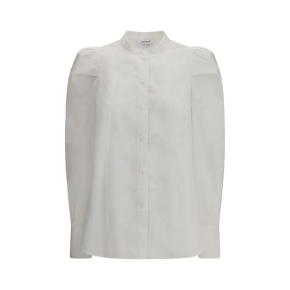 Alexander McQueen White Cotton Dress Shirt with mandarin collar and ruffled shoulders from AW25 collection.