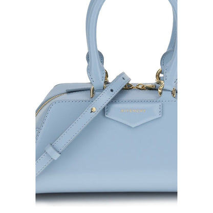 Givenchy Light Blue Calf Leather Bos Taurus Handbag with gold finishes and embossed logo.