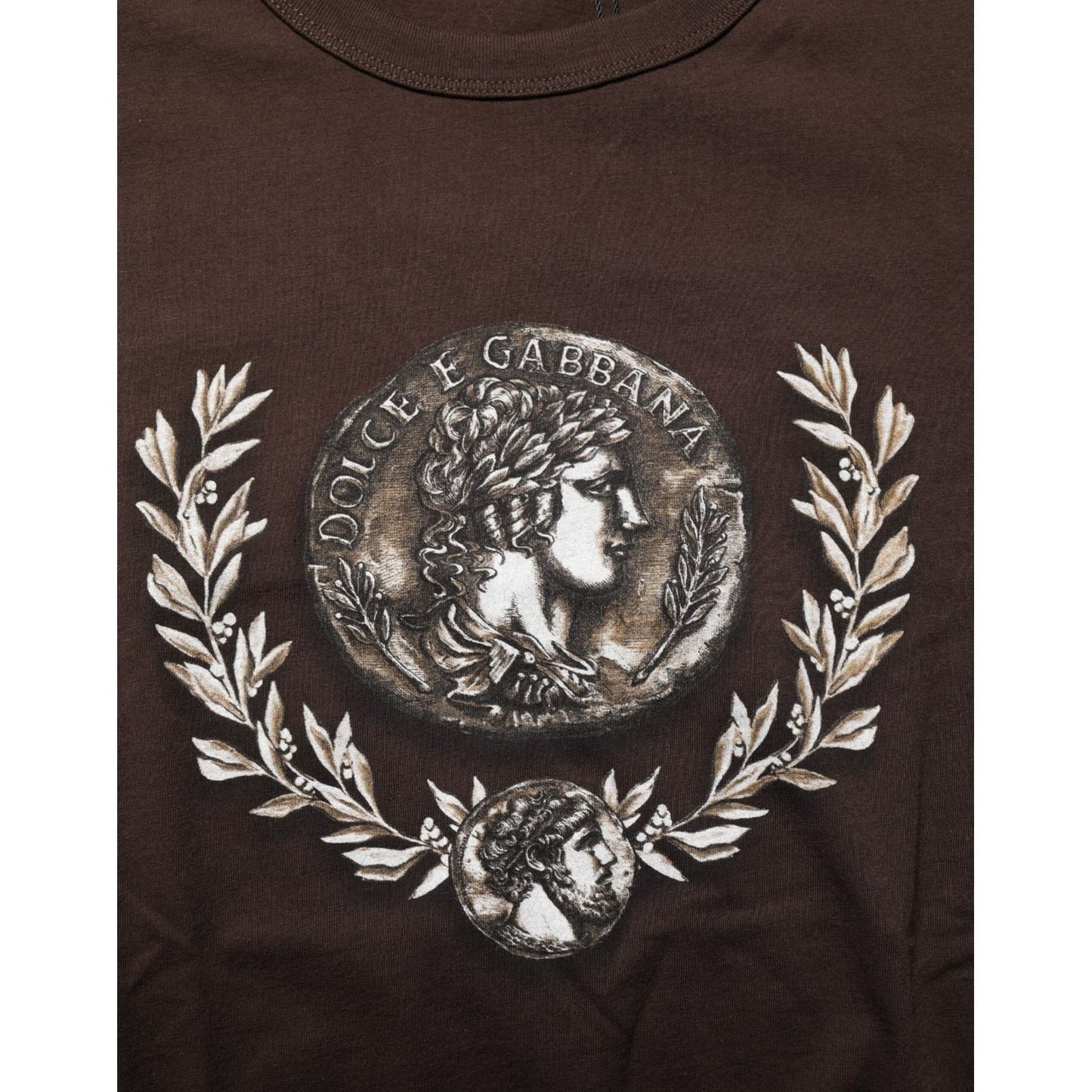 Dolce & Gabbana Brown Coin Laurel Print Men Crew Neck T-shirt