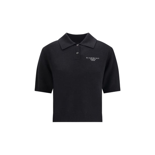 Givenchy Black Wool Polo Shirt with logo embroidery, short sleeves, and button-down collar, made from 70% wool and 30% cashmere.