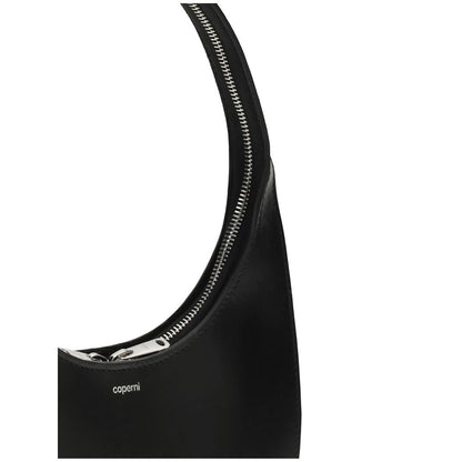 Detail view of Coperni Black Leather Shoulder Bag with silver-tone zip and embossed logo, AW25 collection.