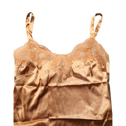 Dolce & Gabbana Brown Floral Lace Silk Satin Tank Lingerie Underwear, featuring romantic neckline and delicate lace trim.