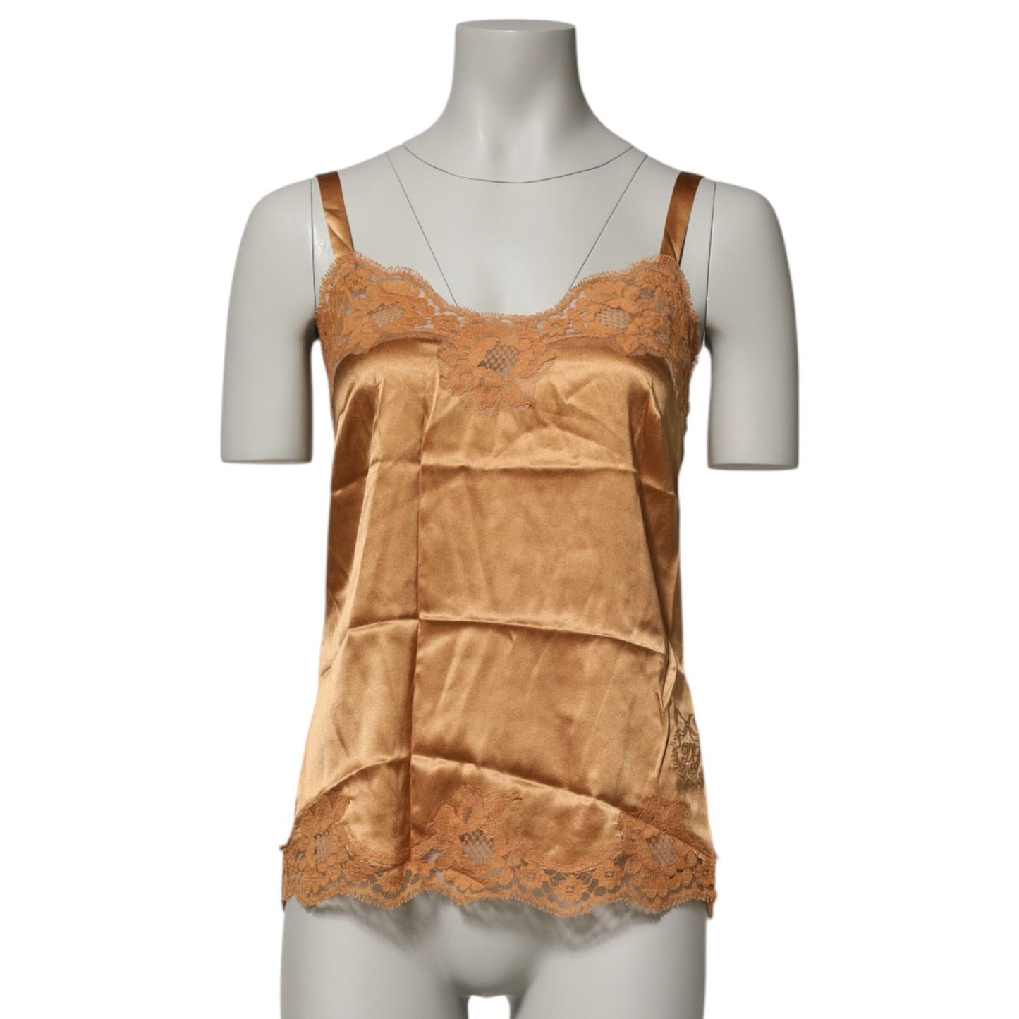 Dolce & Gabbana Brown Floral Lace Silk Satin Tank Lingerie Underwear on mannequin, showcasing elegant design and craftsmanship.