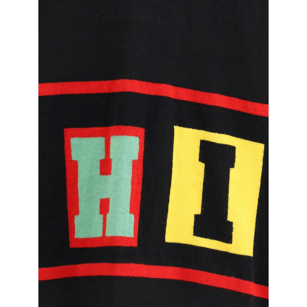 Colorful lettering detail on Comme Des Garçons Black Marabou Sweatshirt showing 'HI' in bold colors.