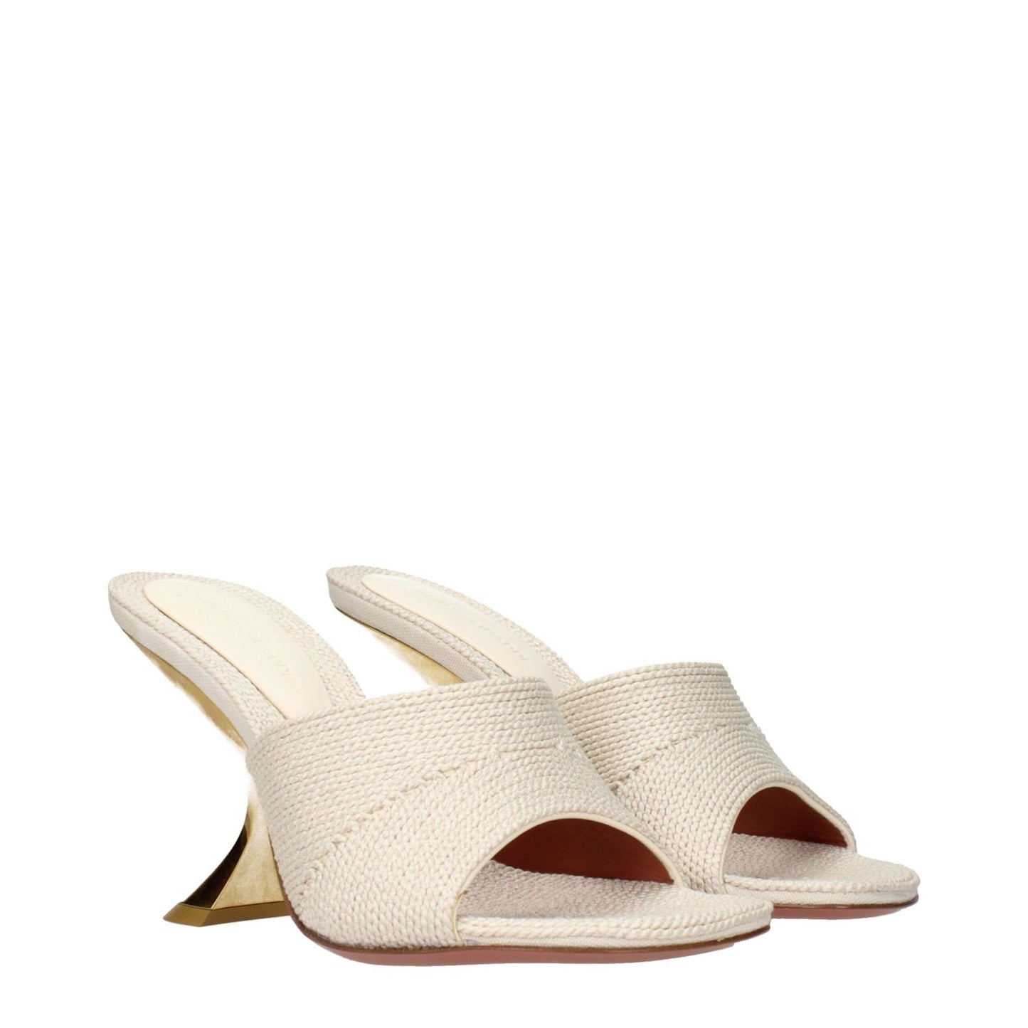 Amina Muaddi Beige Fabric Slippers are open-toe sandals featuring a woven design with gold heel accents, ideal for elegant summer occasions.