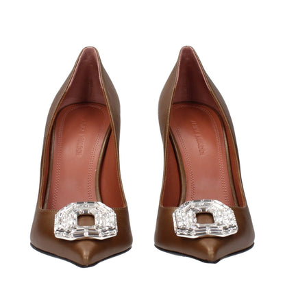 Amina Muaddi Brown Leather High Heel Pumps with front rhinestone detail, MPN CAMELIAPUMP105PEARLYNAPPAMOCHA.
