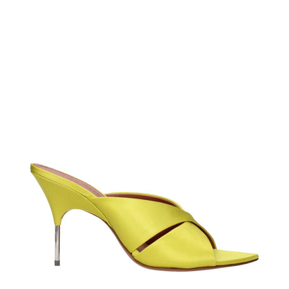 Amina Muaddi Green Satin Stiletto Heel Sandals featuring a sleek design with high heel and lime green satin finish.