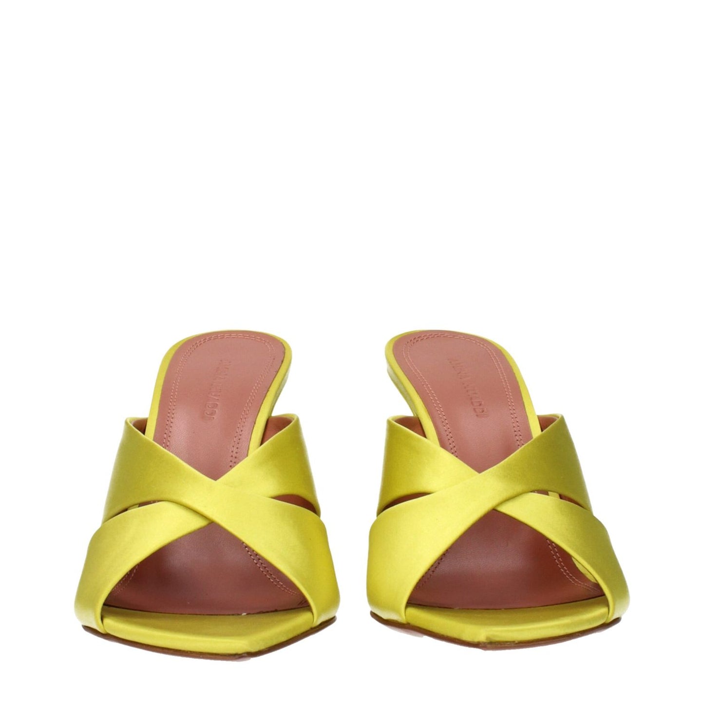 Amina Muaddi Green Satin Stiletto Heel Sandals, elegant design featuring lime satin and a distinctive stiletto heel.