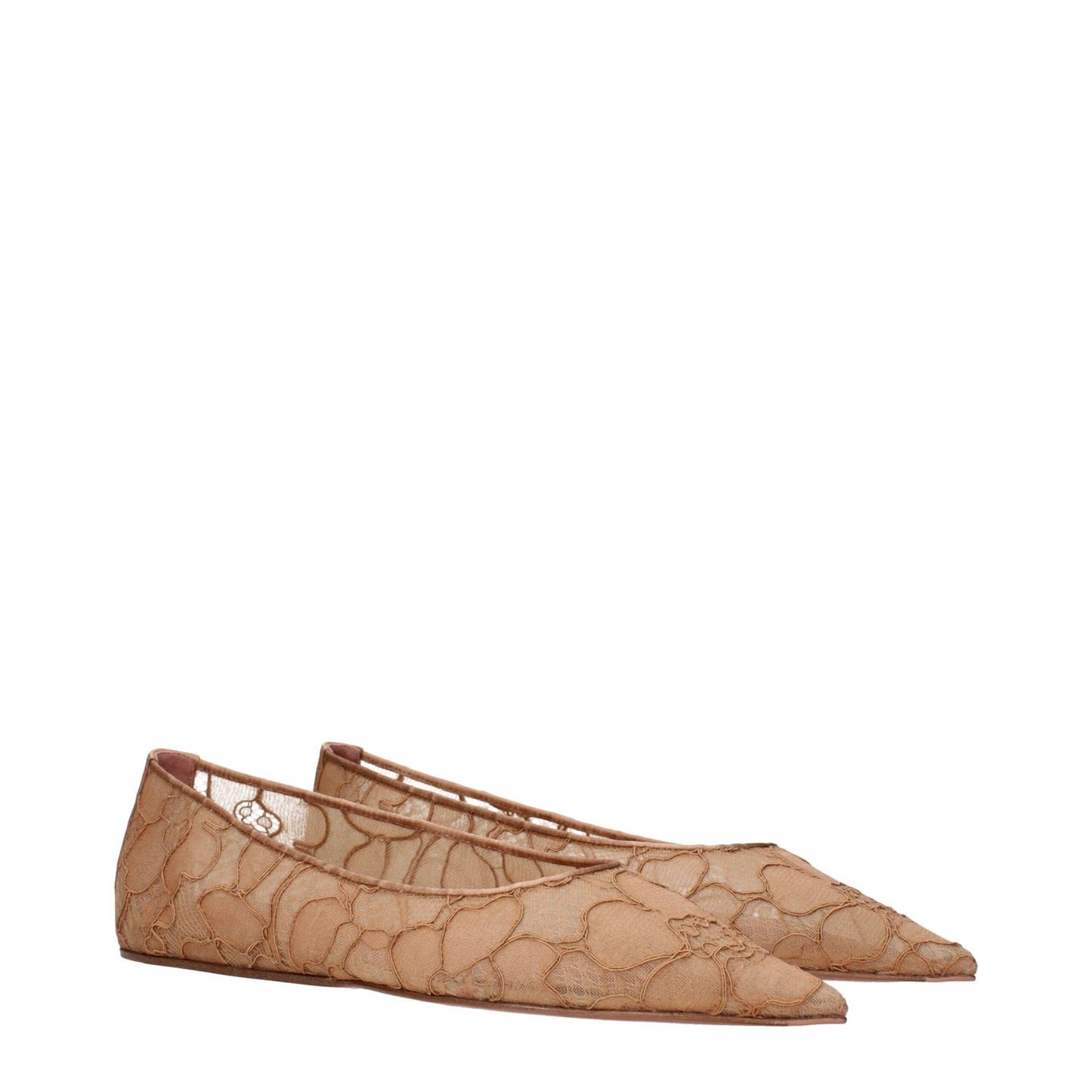 Amina Muaddi Beige Fabric Ballet Flats with floral embellishments, side view showing elegant design and texture.