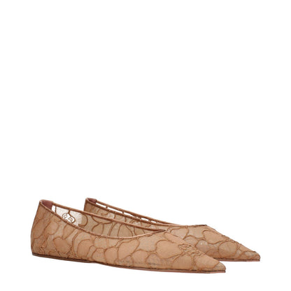 Amina Muaddi Beige Fabric Ballet Flats with floral embellishments, side view showing elegant design and texture.