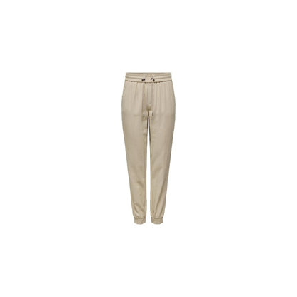 Only Beige Viscose Casual Pants with elastic cuffs for women, offering comfort and style for any occasion, made from viscose and polyester.