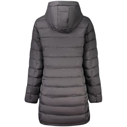 Back view of Pepe Jeans Black Polyamide Women's Jacket with hood and long sleeves, highlighting its sleek design and durable material.