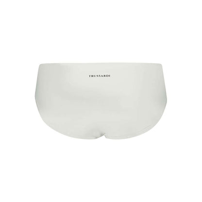 Back view of Trussardi White Elastane Swimwear beach briefs showing logo and elastic waistband with laces.