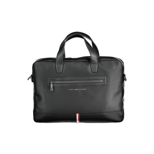 Tommy Hilfiger Black Polyethylene Handbag with handles, shoulder strap, laptop and document compartments, and zip closure.