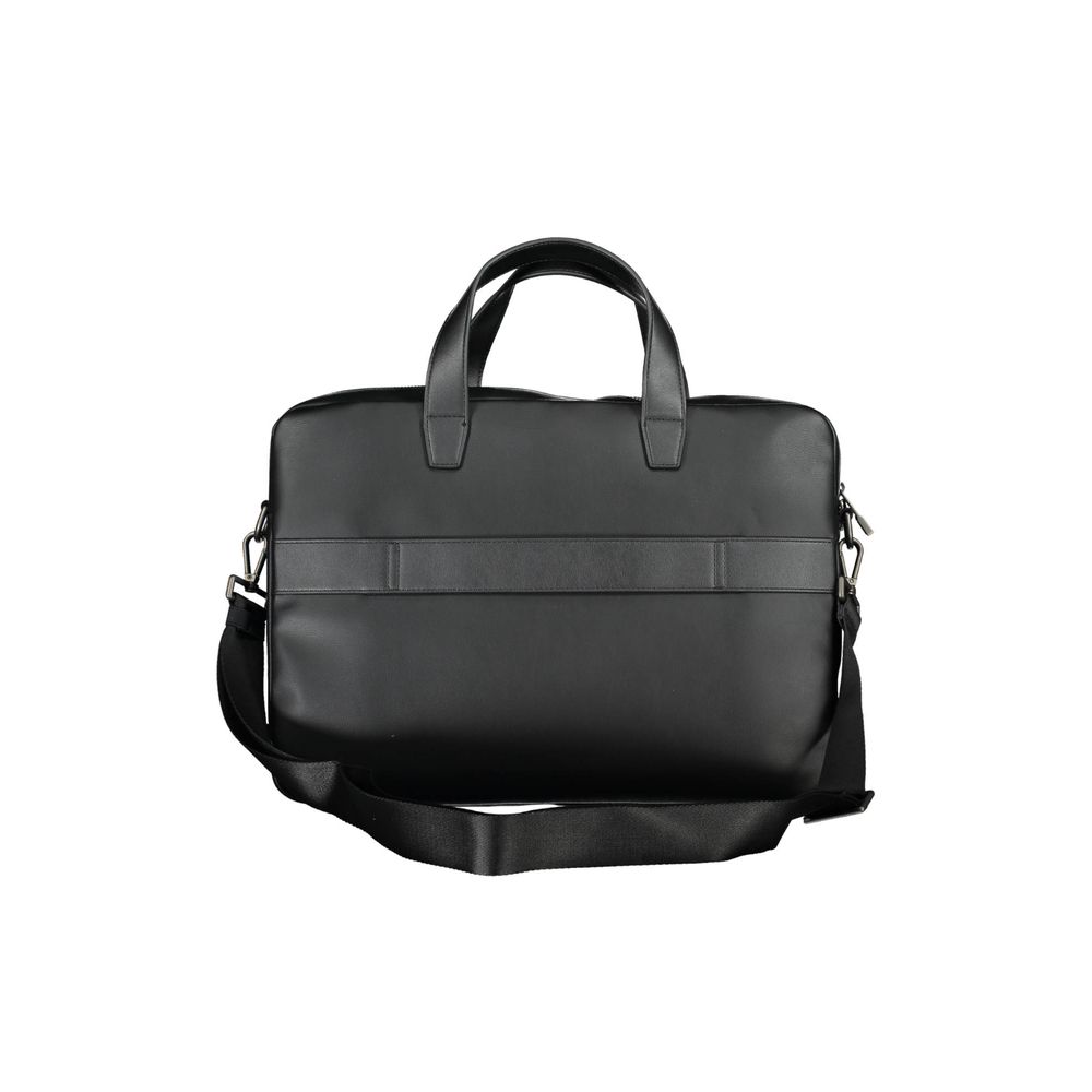 Tommy Hilfiger Black Polyethylene Handbag with dual handles, shoulder strap, laptop compartment, and external pocket.