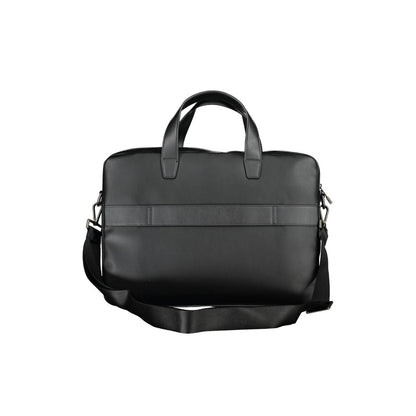 Tommy Hilfiger Black Polyethylene Handbag with dual handles, shoulder strap, laptop compartment, and external pocket.
